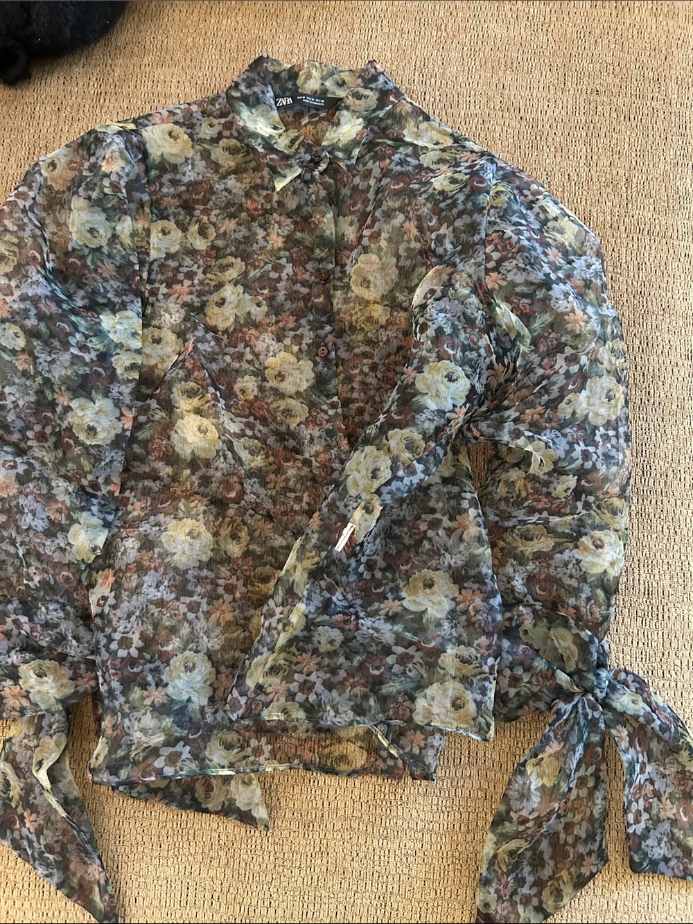 Zara Sheer Floral Tie-Cuff Blouse in Green, Cream and Brown